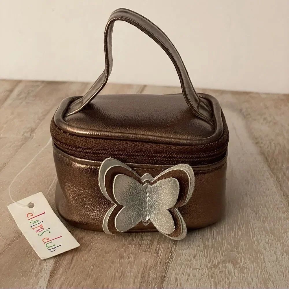 NWT Claire’s metallic brown little zipper jewelry train case with 3D Butterfly